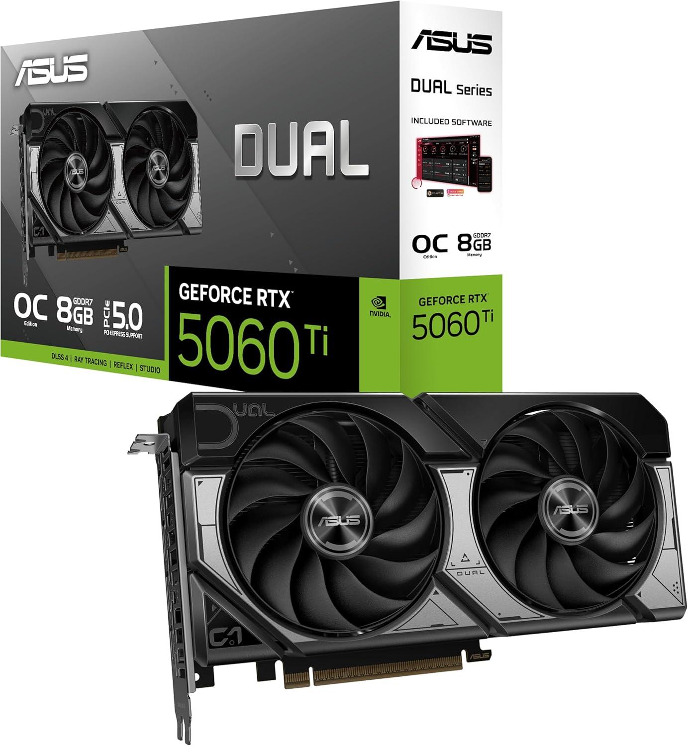 ASUS Dual GeForce RTX 5060 Ti GDDR7 OC Edition (PCIe 5.0, GDDR7, DLSS 4, HDMI 2.1b, DisplayPort 2.1b, 2.5-slot design, Axial-tech fan design, 0dB technology, and more)