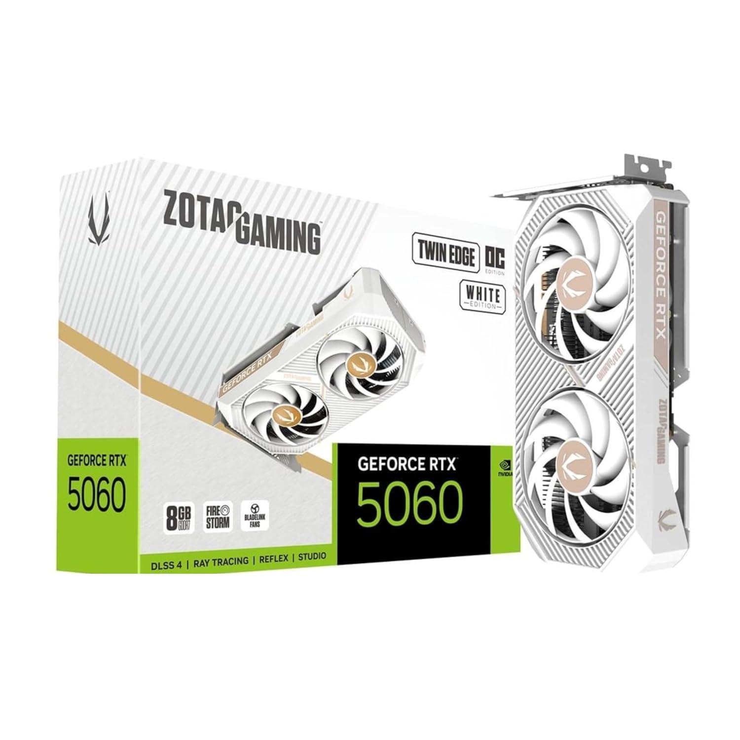 ZOTAC Gaming Geforce RTX 5060 Twin Edge OC Graphics Card - White | 8 GB | DLSS4 | GDDR7 | PCIE 5.0 | SFF Ready | 3840 CUDA Cores | ZT-B50600Q-10M