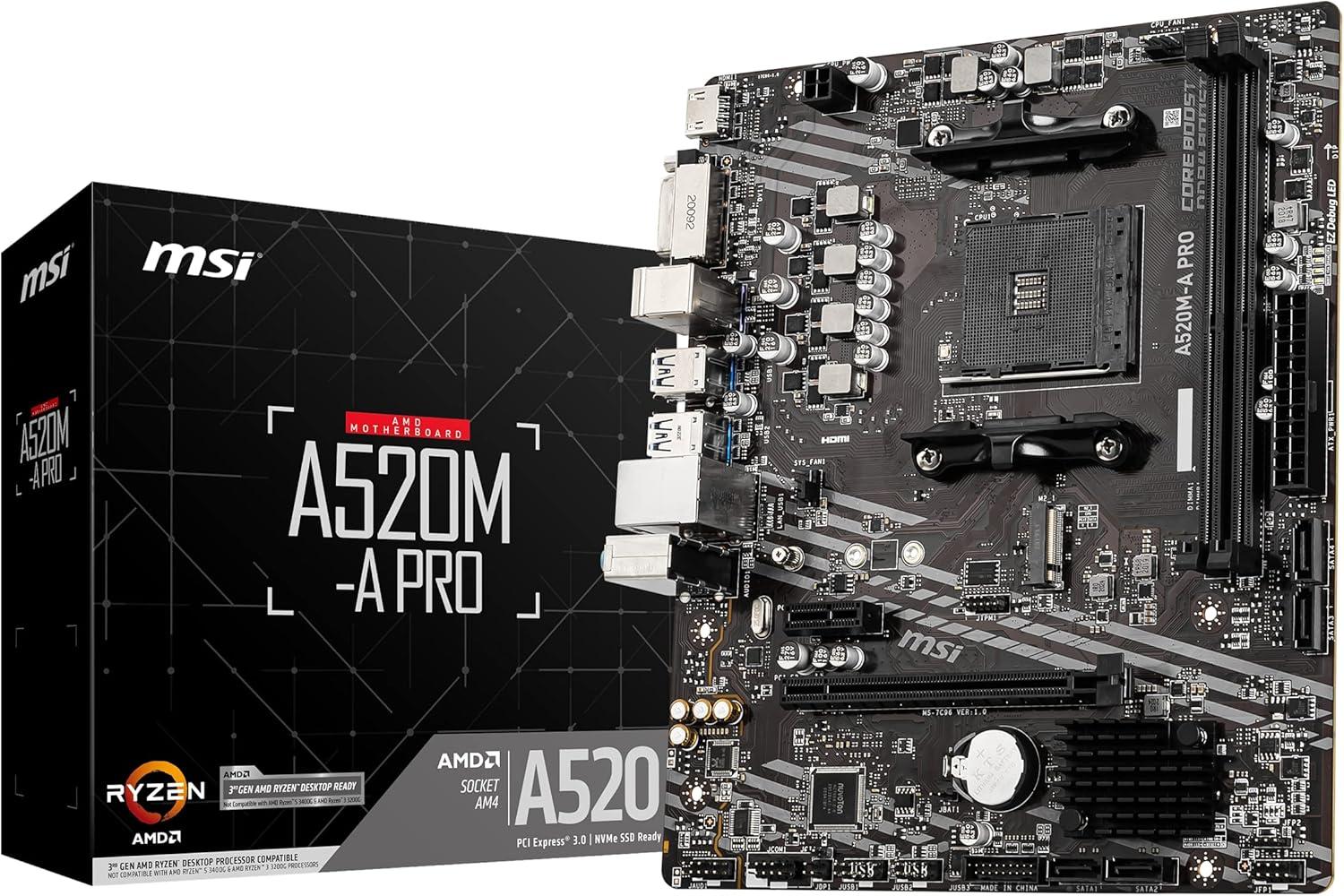 MSI A520M-A PRO Motherboard mATX - AMD Ryzen 3000, AM4, DDR4, PCIe3, M.2