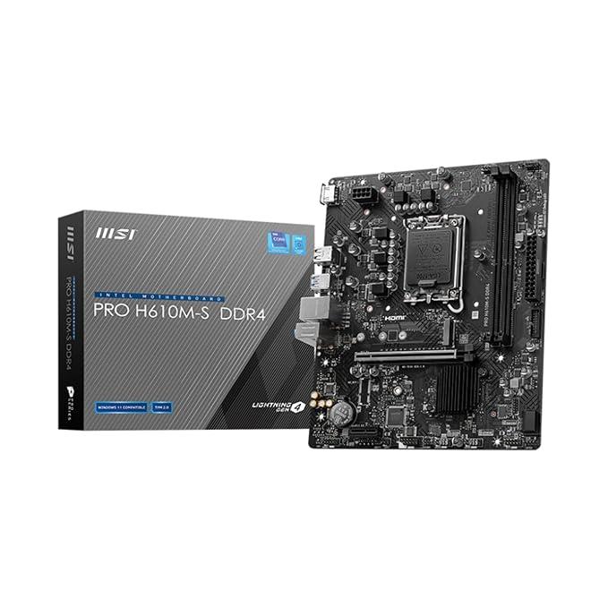 MSI PRO H610M-S DDR4 Motherboard, Micro-ATX - Support 14th/13th/12th Gen Intel Core Processors, LGA 1700, 1x PCIe 4.0 x16 Slot, 1 x M.2 Gen3, USB 3.2 Gen1, 1G LAN, HDMI 1.4 & VGA